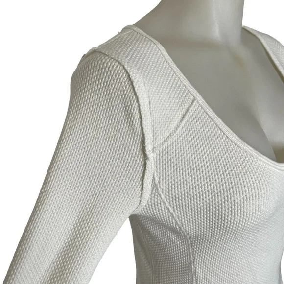 Waffle Knit White Long Sleeve Top With Boho Pattern On Sleeve - Picture 8 of 15